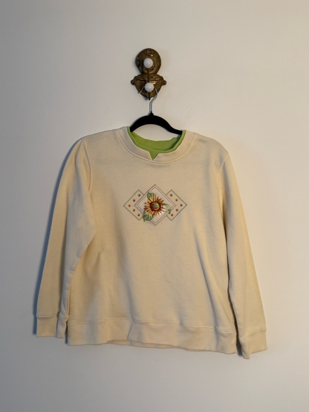 Vintage Shenanigans crewneck grandma sweater with embroidered sunflower